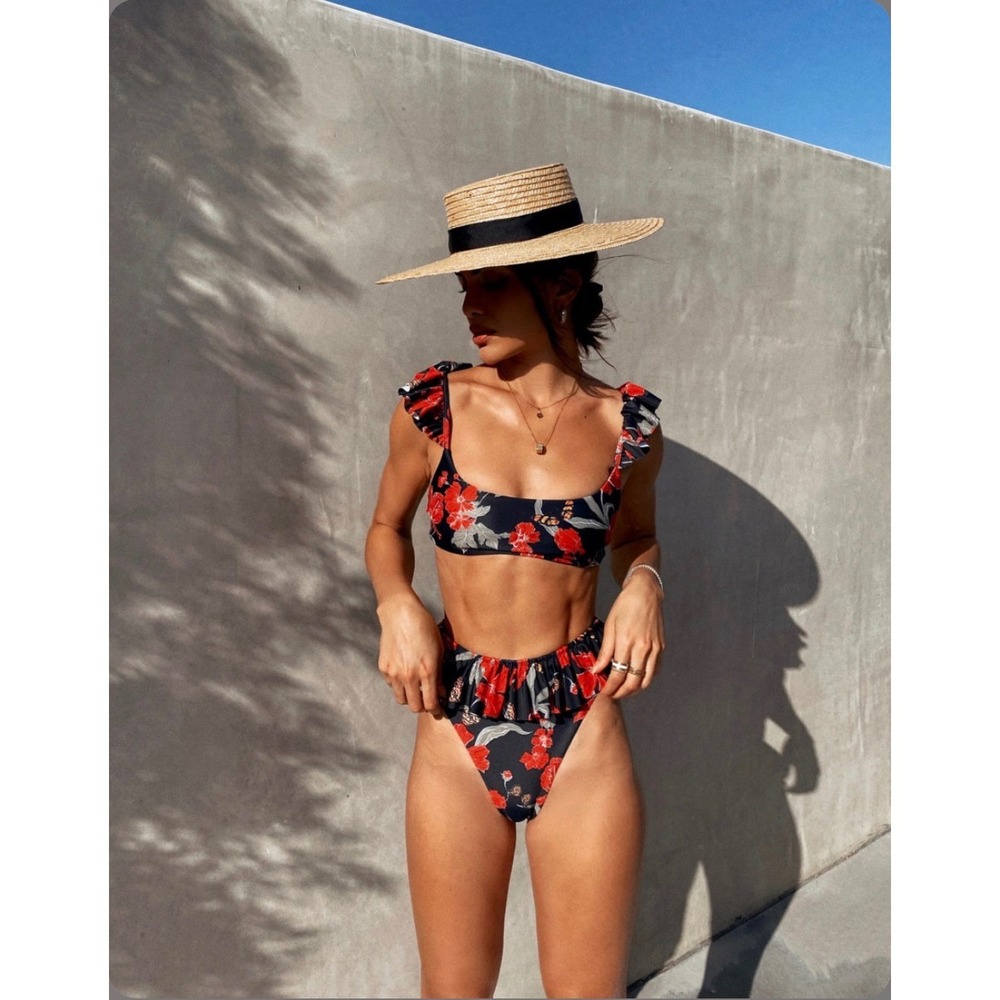 Camila Coelho Portia Bikini LARGE Black Red Floral Ruffle High Cut Swimsuit